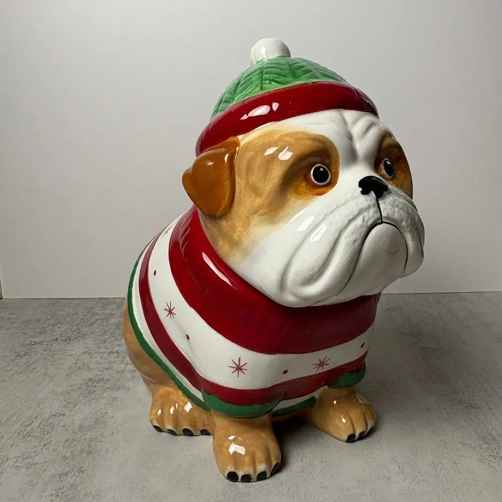 Sleigh Bell Bistro Holiday Hand-Painted Bulldog Ceramic Cookie Jar